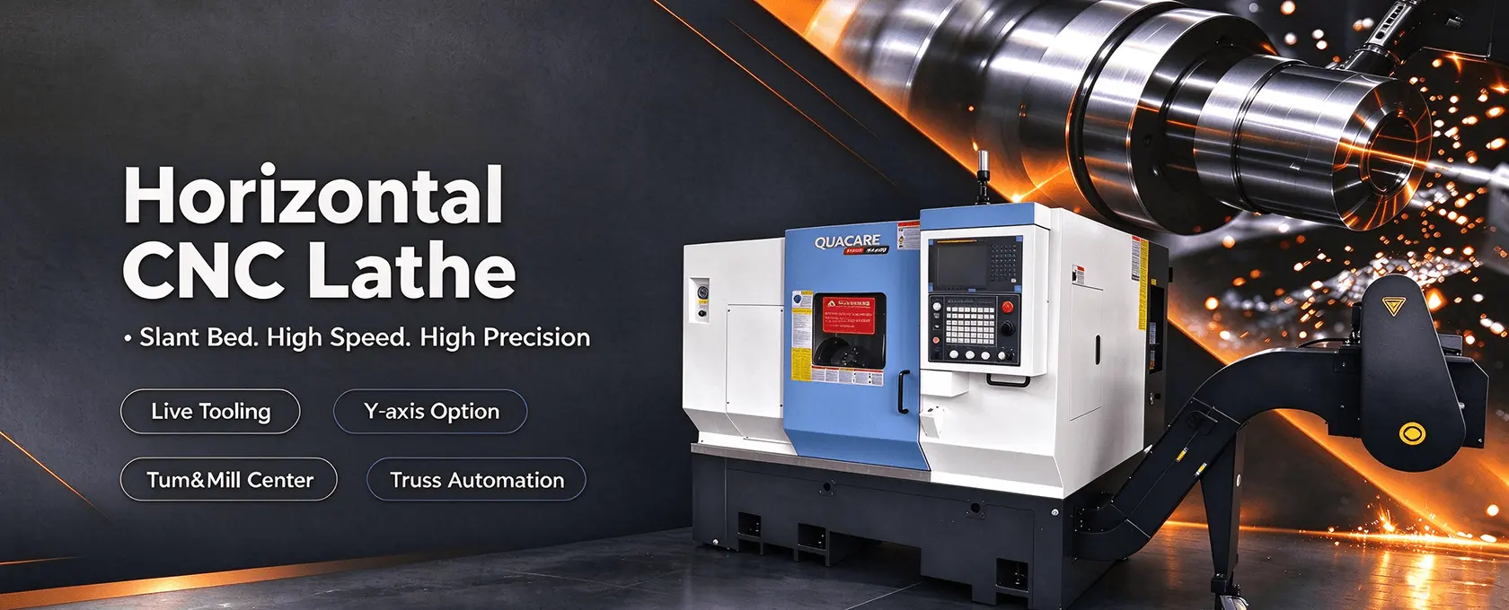 Quacare Slant Bed Horizontal CNC Lathe, High Precision Turn & Mill Center with Live Tooling and Y-axis Option